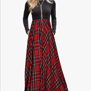 Full length red plaid maxi dress L with pockets!